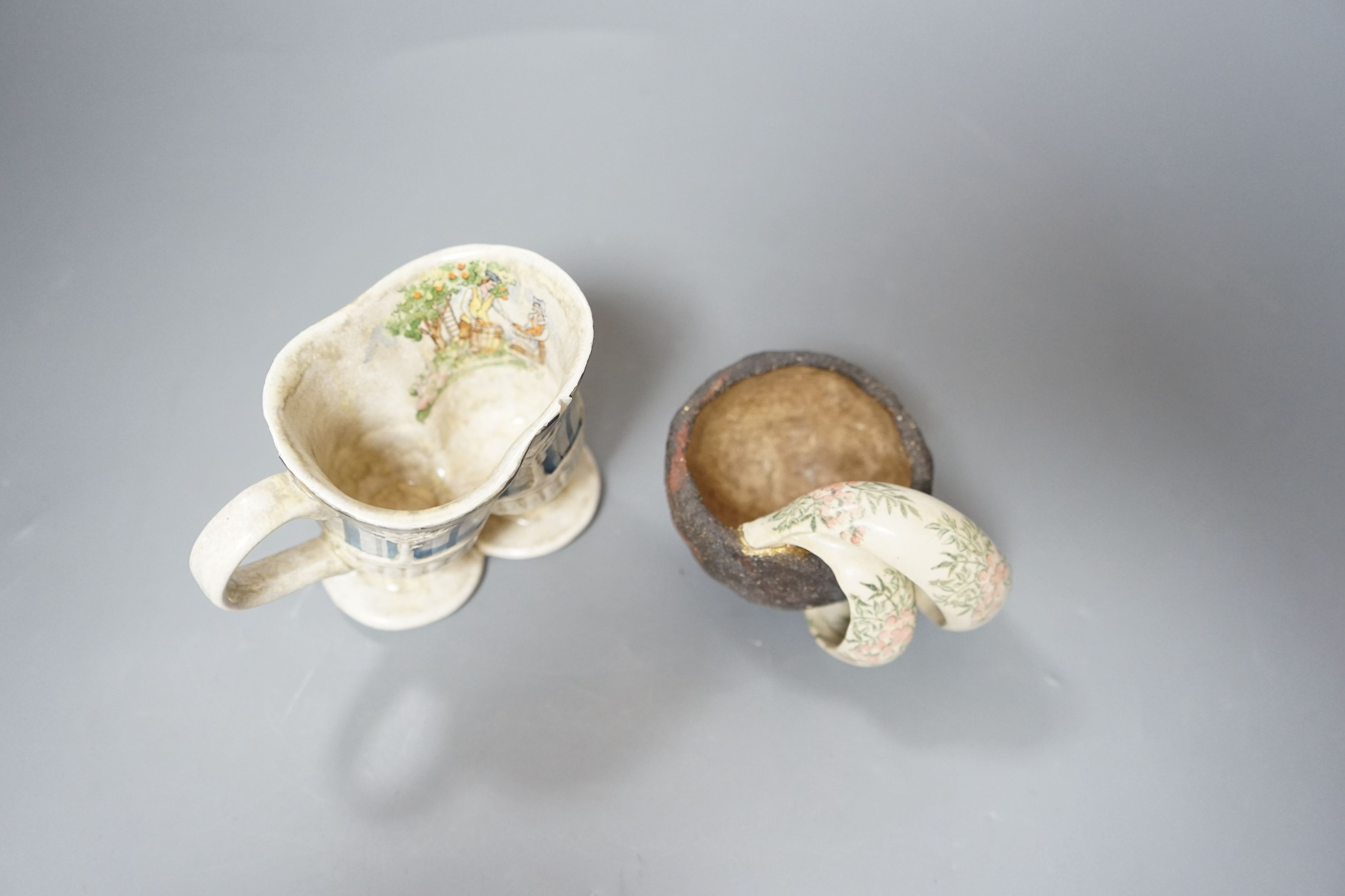 Carol McNicoll (b.1943), ‘Many a slip’ cup and another cup, with purchase receipt from Marsden Woo Gallery, 3 September 2015, tallest 10cm, (2)